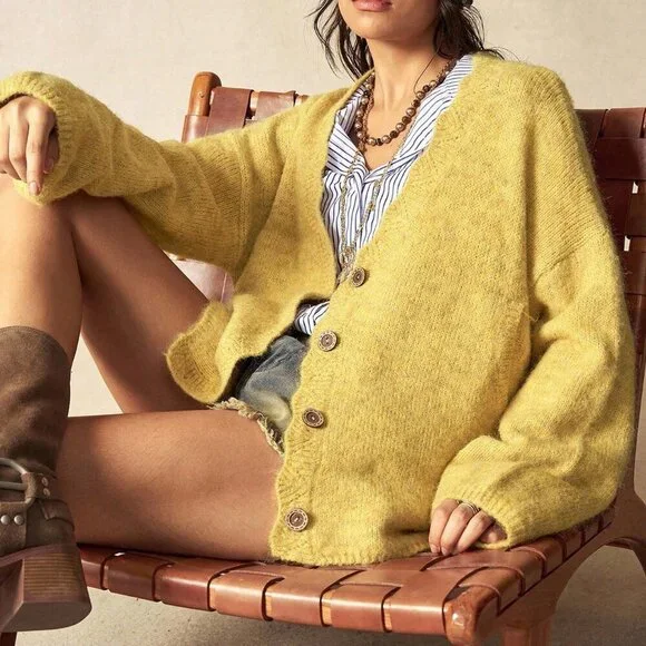 yellow Casual Women's Loose Drop Shoulder Button Front knit Cardigan - Picture 2 of 8